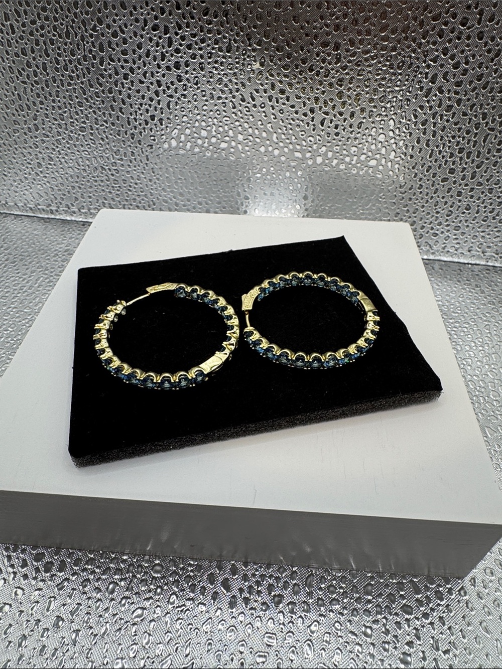 Gold Hoop Earrings with Blue Crystal Accents